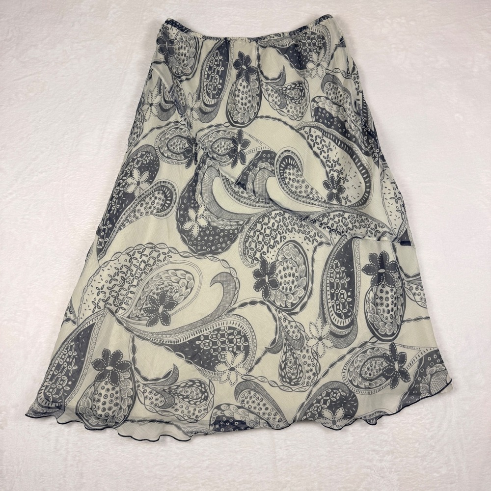 Vintage Putumayo Black Cream Paisley Silk Midi Skirt Small Boho - Picture 4 of 6
